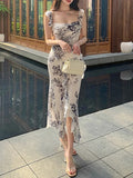 French Lotus Side Collar Broken Flower-Dew Sling Dress Women's Summer Waist Dress