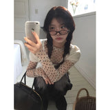 Spring And Summer South Korea In The Wind With Wave Dot Round Dot Mesh Round Neck Long Sleeves T-Shirt Top 2 Color