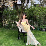 Purely Want Holiday Style Yellow Broken Flower Hanging Dress Women Summer Bare Back Strap To Close The Waist Net Yarn Fishtail Long Skirt