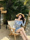 2026 New Bikini Swimsuit Women Micro Fat MM Burqa Dyed A Word Shoulder Mesh Long-Sleeved Swimsuit Summer