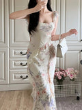 French Lotus Side Collar Broken Flower-Dew Sling Dress Women's Summer Waist Dress