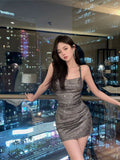 Pure Windy Shiny Hanging Neck Dress Women's New Summer Design Feel Back Strap Strapped Ass Short Skirt