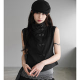 Korean Ins Niche Retro High-End Collar Double Buckle Thin Short Sleeveless Workwear Tin Front Of The Tatry Blouse Blouse