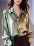 Heavy Silk Shirt Woman 2025 New Hong Kong Flavor Solid Color Hanging Sense Of High-End Unique Green Acetic Acid Vertinate Fascination Shirt