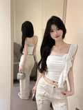 Net Red Pure Lust Lace Lace Slant Shoulder Vest Three-Dimensional Lace Han Han Yen Age-Reduced Sleeve Sexy Slimming Top