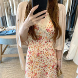 Romantic Lace Small Flying Sleeve Tie With Obliquely Cut Floral Skirt Slings Crissed Flowers Waist Dress