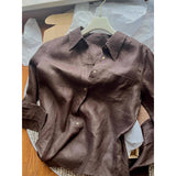 No D Recommendation! French Jin Guo Linen Brown Coffee Shirt Female Polo Collar Long Sleeve Commute Sunscreen Shirt Top