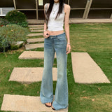 Light Blue Water Wash Classic Retro Micro-Horn Low-Rise Handmade Cat Needs Water Wash Blue Thin Jeans Woman