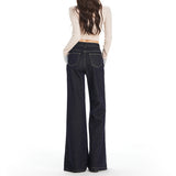 Deep Blue Retro Asymmetric Waist Seal Design Micro-Tipped Jeans Women 25 Years Autumn And Winter New Fake Two Broad-Legged Trousers