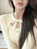 Vintage Gray Bow Tie With Knitted Bottom Shirt Female Design Feeling Autumn And Winter Hottie Hollow Long Sleeve Top
