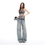 26 Years Of Summer New Low-Rise Retro Washing Laser Radiated Three-Dimensional Cat Should Be Loose Broad-Legged Jeans