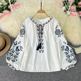 National Style Retro Heavy Industry Embroidery Tiling With Tuxedo Collar Loose Thin Age Bubble Sleeve Tops Women's Holiday Shirt