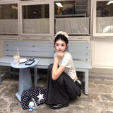 Summer Korean Vintage White Wave Point Cute Full Printed Puppy Short Sleeve T-Shirt Girl's Waist Showing Thin Shoulder Tide