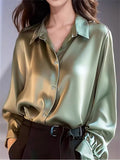 Heavy Silk Shirt Woman 2025 New Hong Kong Flavor Solid Color Hanging Sense Of High-End Unique Green Acetic Acid Vertinate Fascination Shirt