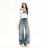 Spring And Summer New Heavy Industry High Street Lazy Fashion Wide-Legged Jeans Loose Straight Pants Woman
