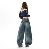 Vintage Autumn And Winter Multi-Bag Rewashing Waterwork Casual Drag Jeans Neutral Style Men And Women