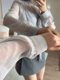 Zhiyuan Sister V Collar Pressure Folded Long Sleeve Chiffon Shirt Women's Autumn Thin Loose Tops Appear High Commuter Lantern Sleeves