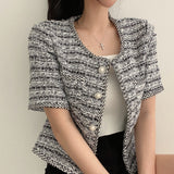 Korean Chic Spring And Summer French Small Fragrant Wind Pearl Buckle Round Necker Coarse Flowers Short Sleeves Jacket Topess
