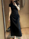 2026 New French Retro Gray Short-Sleeved Dress Women's Summer Design Feel Waist Folded Bag Hip Dress
