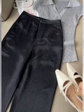 Black Acetate-Sing Noodle Trousers Women's Ice Silk Loose-Rheying Straight Leg Trousers