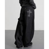 South Korea's Dongdae Gate Trendy Street Retro Handsome Leopard-Print Cross Drill Loose Broad-Legged Jeans
