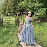 Sichuan Xinjiang Original Tourism Wearing Summer Blue To Wipe The Chest Irregular Net Yarn Skirt Suit