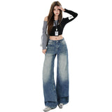 Spice Girls High Street Water Washed Flowers And Folds Design Vintage Embroidery With Loose Broad-Legged Straight Trousers