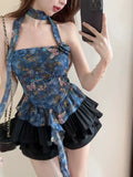 Vintage Temperament Oil Painting Butterfly Print Thin Lotus Leaf Side Three-Dimensional Flower Around The Neck Shirt Of The Girl Summer