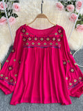 Spring Dress 2025 Holiday National Style Retro Heavy Industry Embroidery Flowers Ocean Gas Lantern Sleeve Loose Blouse Tide