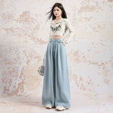 Light-Colored Ice Silk Cowboy Broad Leg Trousers Women 2026 Summer Thin Silk Loose Thin Falling Straight Trousers