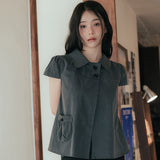 South Korea Chic Summer New Small Sweet Girl Collar Wave Point Unilateral Pocket Short-Sleeved Shirt Top