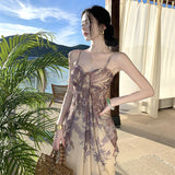 Purple Jade Pure Desire Net Yarn Flowers Hanging Dress Women Summer Super Fairy Seaside Holiday Dress