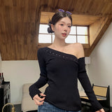 Early Autumn New Hottie Hot Diamond Slant Shoulder Repair Inside The Shirt Top Design Long Sleeve Chic Unique T-Shirt Girl