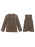 Coffee-Colored Fireplace Hairy Suit Round-Neck Coat Vest Dress Dress Set Two Sets