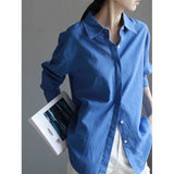 French Sea Blue Linen Shirt Women Thin Loose Temperament Old Money Style High-End Cotton-Sample Sunscreen Shirt