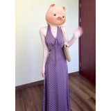 Hong Kong Style Retro Wave Point Hanging Neck Dress Female Summer French Holiday Style Temperament V. Waist Show Skinny Dress Purple
