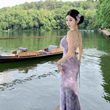 Sexy Pure Ambience Feel Back Purple Dress Slimy Tossed Fishtails Holiday Dress