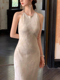 Floating Light White French Elegant Temperament Dress Cut Shoulderless Sleeveless Waist Thin Fishtail Skirt New Chinese Dress
