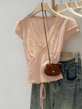 Sweet Lace Pink Splicing V-Neck Short-Sleeved T-Shirt Summer New Korean Niche Design Blouse