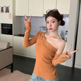Early Autumn New Hottie Hot Diamond Slant Shoulder Repair Inside The Shirt Top Design Long Sleeve Chic Unique T-Shirt Girl