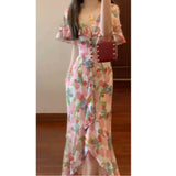2025 Summer French Retro Lotus Loaf Cloak Fog Rose-Colored Romantic Waist Show Thin Fairy Fluttering Flower Skirt
