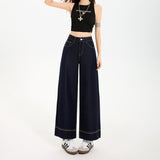 Anti-Wrinkle Fall Loose Broad Legs Do Not Fade Four-Sided Marble Trousers High-Waisted Beads Embroidered Denim Granny Nine