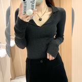Sexy And Cute Polo Knitted Shirt Women's Early Autumn Thin Design Feel Bottom Wool Sweater