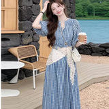 Pure White Moon Light Sweet Wind Blue Lattice Dress Women's Summer Simple College Style Small Fairy Dress