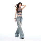 26 Years Of Summer New Low-Rise Retro Washing Laser Radiated Three-Dimensional Cat Should Be Loose Broad-Legged Jeans