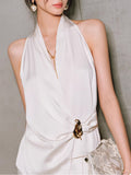 | High-Enightd Densate Pearl Luster | Metal Leaf Decoration Deconstruction Cut Hanging Neck Top