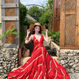 Sanya Seaside Resort Beach Dress Bohemia Retro Collared Sling Dress Travel Photo Wear