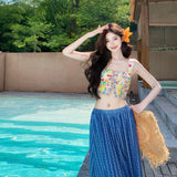 New Short Floral Sling Tapes D'at Tie Top + Design High-Rise Thin Blue And White Striped Half-Dress Skirt