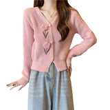 Thick And Gentle Little Fragrant Style Short Knitted Cardigan Sweater Autumn New Sweet Three-Dimensional Flowers Pink Clothes