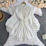 New Women's Dress French Court Doll Lace Bow Tie With Lantern Sleeve Pearl Buckle Dress